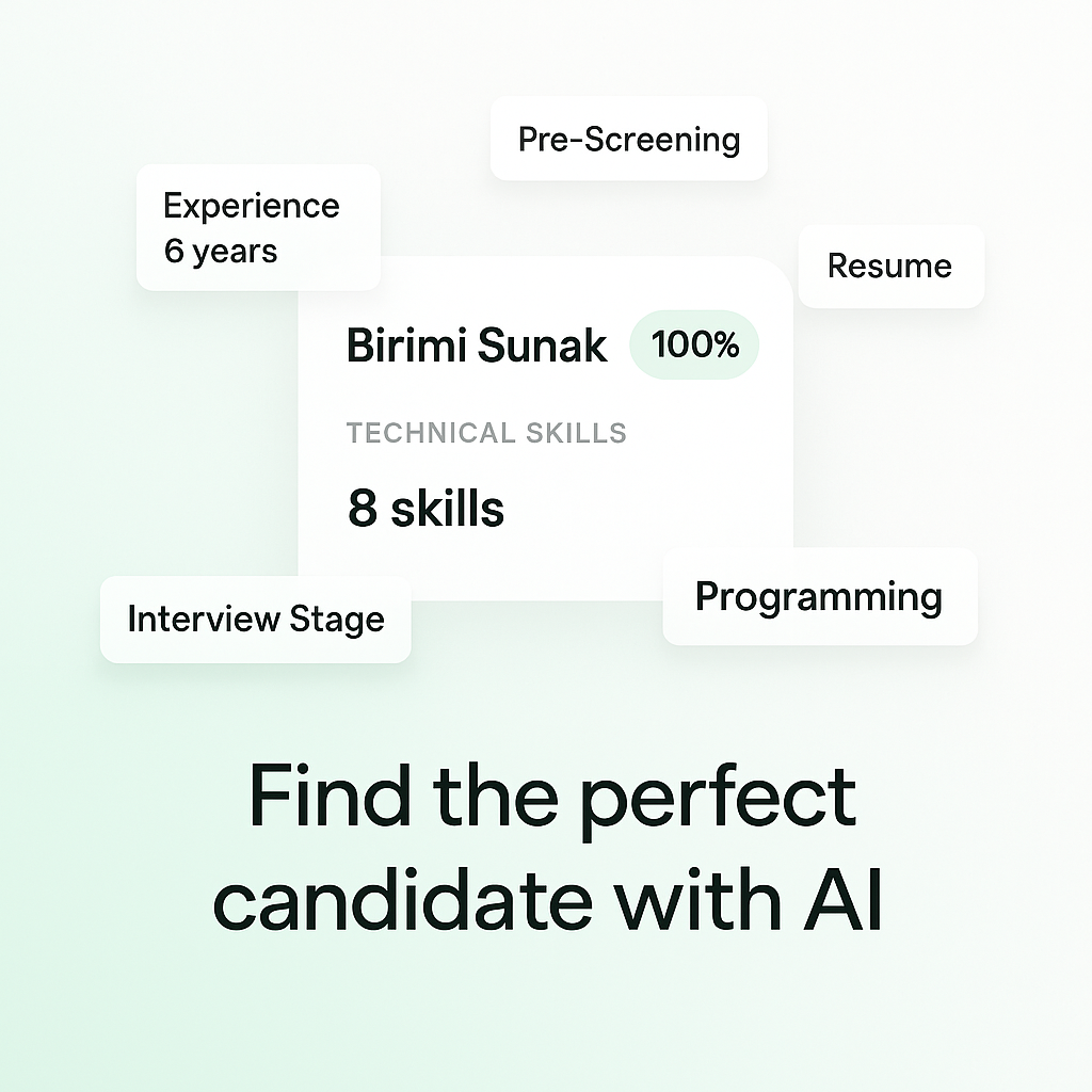 Find the perfect candidate with AI - showing Birimi Sunak with 100% match, technical skills, and recruitment stages